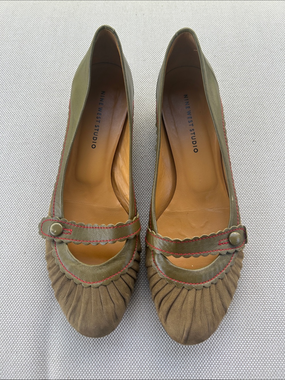 Olive Green Mary Jane Flats with Red Accents